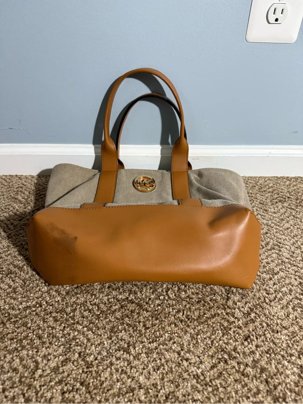 Michael Kors Beige Canvas Tote with Tan Leather Trim